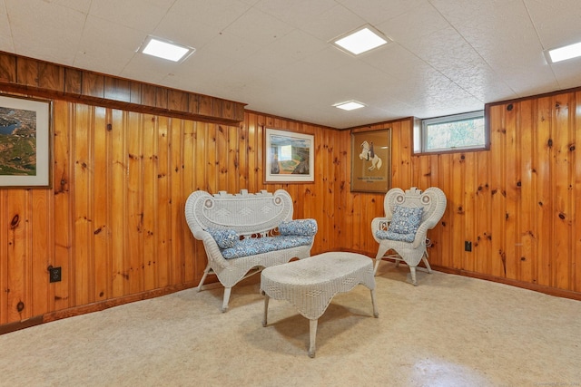 living area with wooden walls, carpet floors, and baseboards