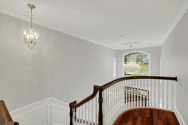 stairs with a notable chandelier, a decorative wall, crown molding, wainscoting, and wood finished floors