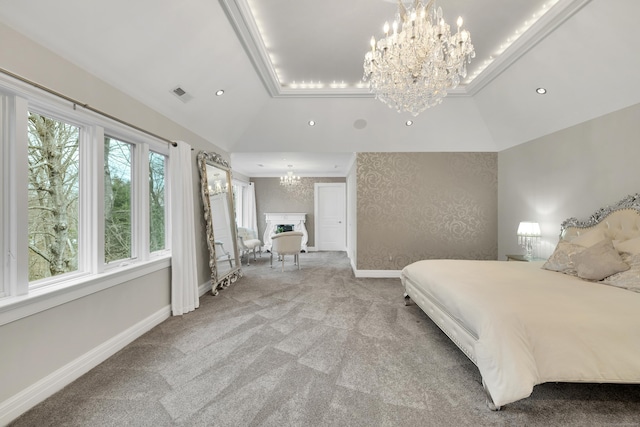bedroom featuring carpet, vaulted ceiling, visible vents, a chandelier, and baseboards