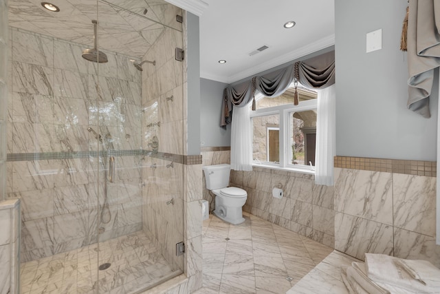 full bath featuring visible vents, ornamental molding, toilet, tile walls, and a stall shower