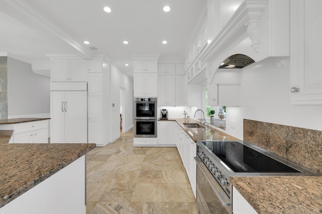 kitchen featuring ornamental molding, white cabinetry, dark stone counters, stainless steel appliances, and a sink