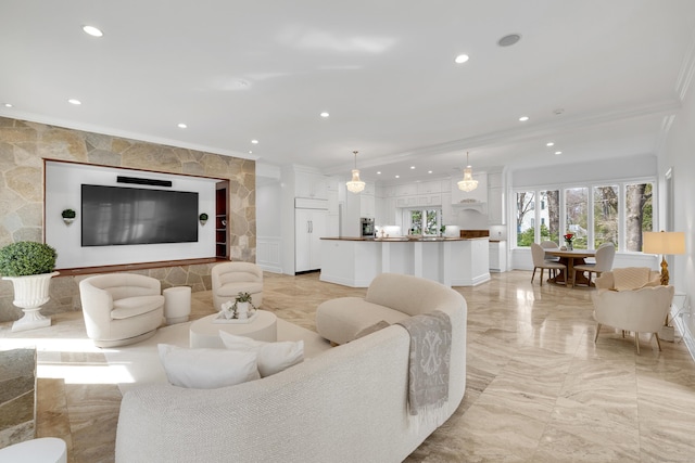 living room featuring recessed lighting, marble finish floor, and crown molding