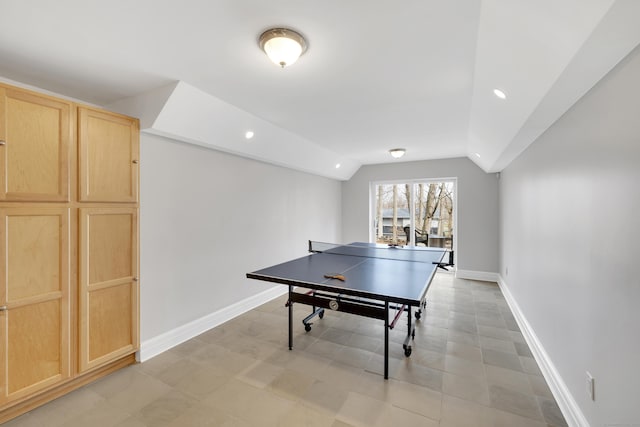 playroom with recessed lighting, baseboards, and lofted ceiling