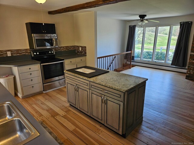 230 Old Field Rd, Southbury, CT 06488 - kitchen featuring light wood finished floors, a sink, a baseboard radiator, appliances with stainless steel finishes, and ceiling fan