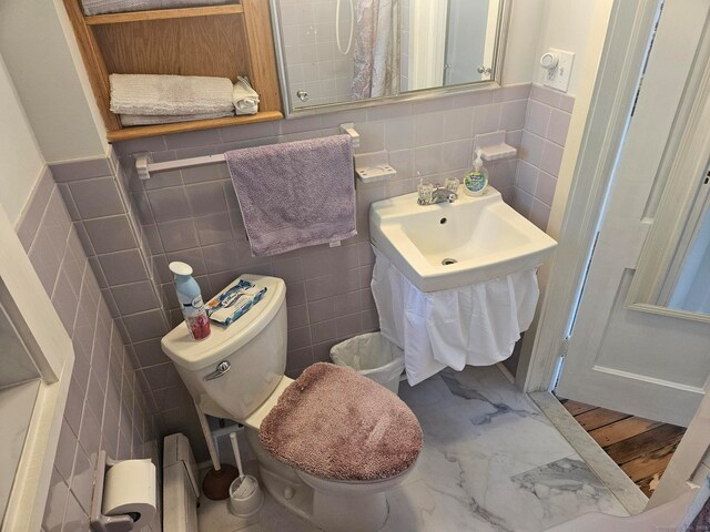 230 Old Field Rd, Southbury, CT 06488 - bathroom featuring marble finish floor, tile walls, and toilet