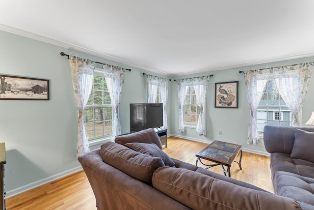living room featuring light wood-type flooring, baseboards, and crown molding
