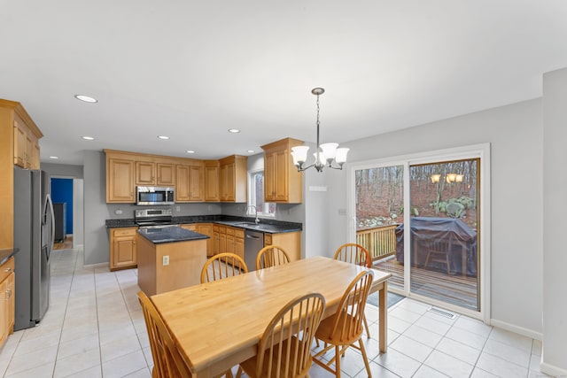 dining area featuring recessed lighting, light tile patterned floors, a notable chandelier, and visible vents