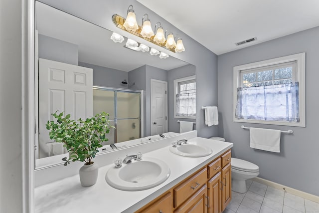 bathroom with double vanity, visible vents, a sink, and a stall shower