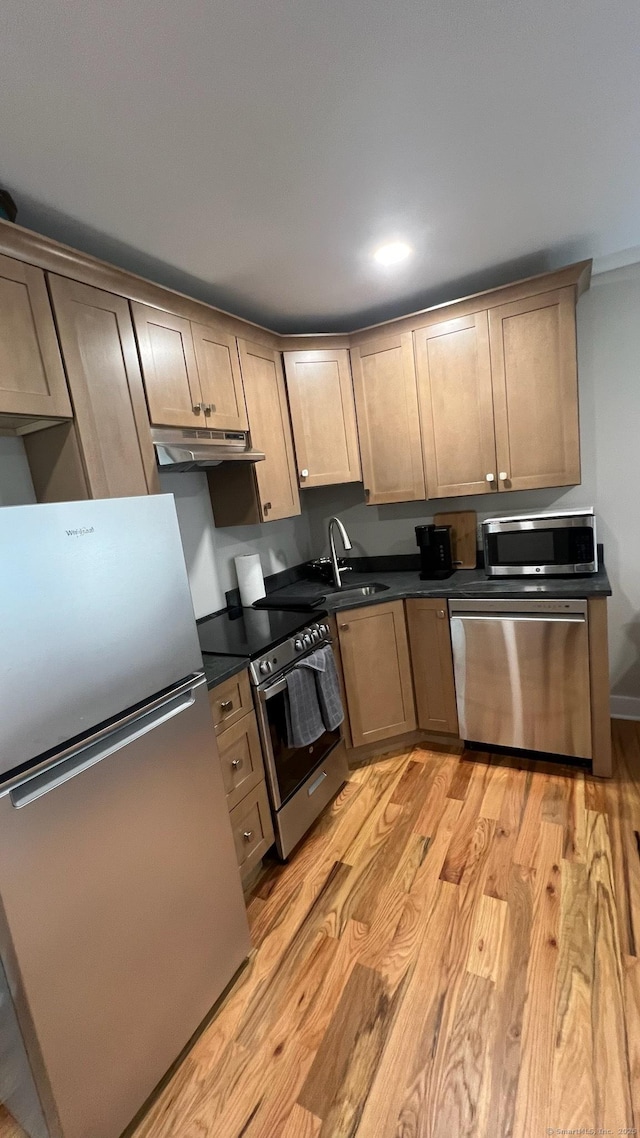 23 Main St, East Haddam, CT 06423 - kitchen featuring appliances with stainless steel finishes, under cabinet range hood, light wood-style flooring, and dark countertops
