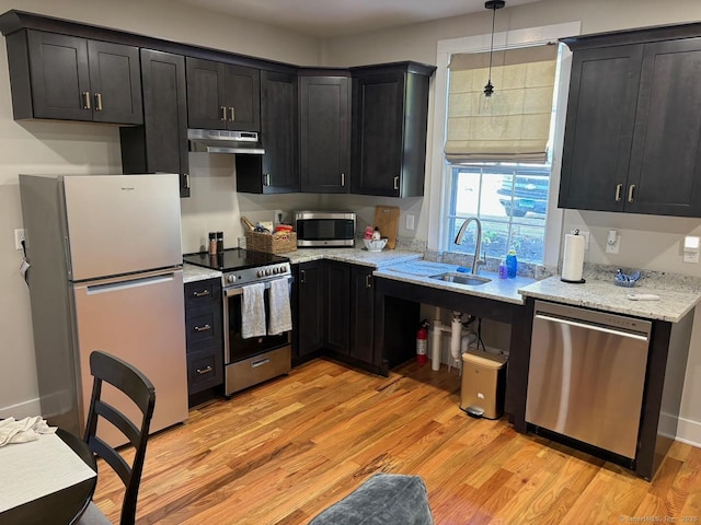 23 Main St, East Haddam, CT 06423 - kitchen featuring appliances with stainless steel finishes, under cabinet range hood, dark cabinets, and light wood-style flooring