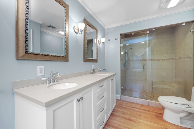 9 Pine Hill Avenue Ext, Norwalk, CT 06855 - full bathroom featuring crown molding, wood finished floors, a sink, and a stall shower