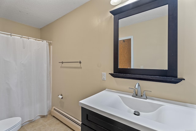 full bath featuring a textured ceiling, vanity, baseboard heating, toilet, and tile patterned floors