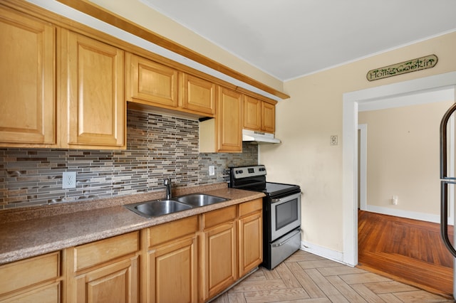 123 Fowler Avenue Ext, Meriden, CT 06451 - kitchen with stainless steel electric range oven, under cabinet range hood, tasteful backsplash, and crown molding