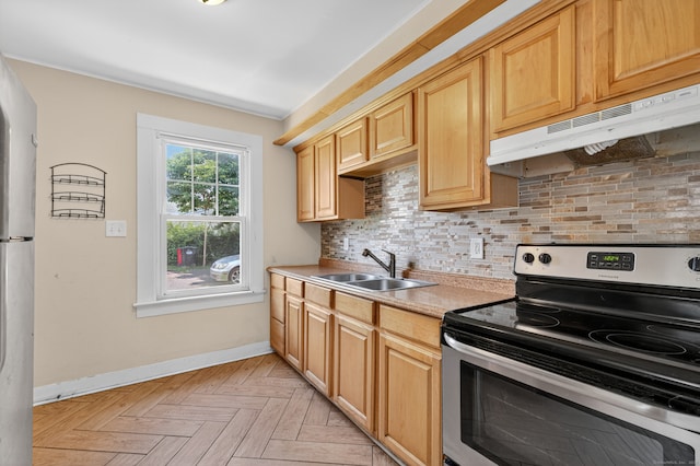 123 Fowler Avenue Ext, Meriden, CT 06451 - kitchen featuring electric stove, under cabinet range hood, decorative backsplash, light countertops, and light brown cabinets