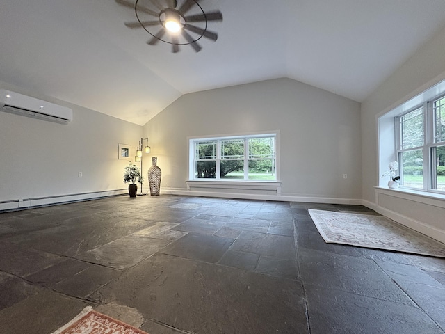 220 W Rd, Colchester, CT 06415 - unfurnished room with a wall mounted air conditioner, baseboards, vaulted ceiling, stone tile flooring, and ceiling fan
