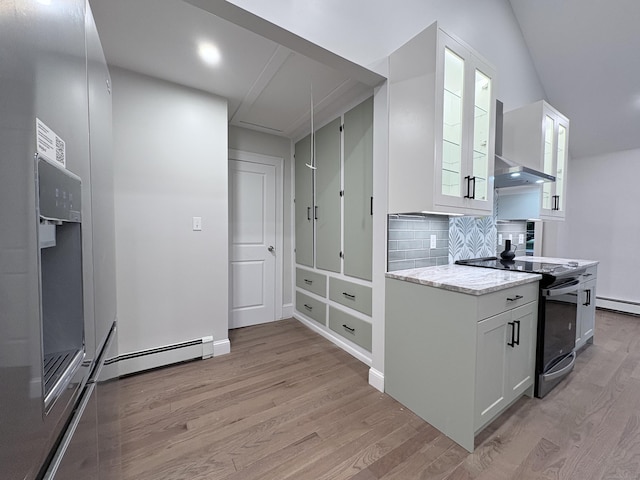 220 W Rd, Colchester, CT 06415 - kitchen featuring wall chimney range hood, black range with electric cooktop, a baseboard heating unit, light wood-type flooring, and recessed lighting