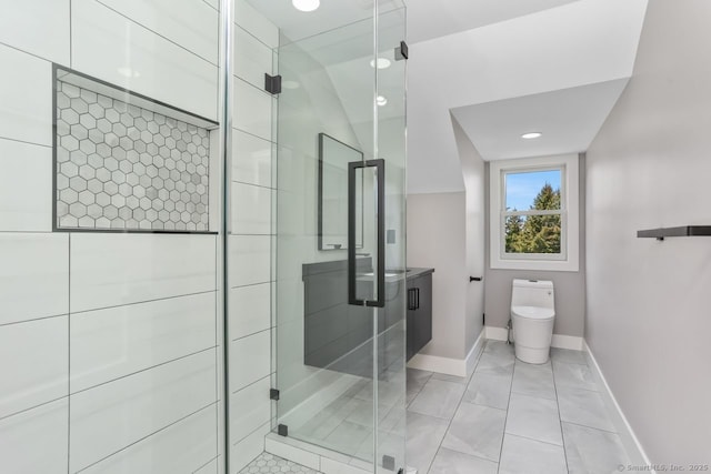 32 Pine Hill Ave, Norwalk, CT 06855 - bathroom featuring toilet, baseboards, and a stall shower