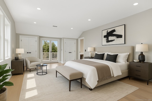 32 Pine Hill Ave, Norwalk, CT 06855 - bedroom with access to exterior, light wood-type flooring, recessed lighting, and lofted ceiling