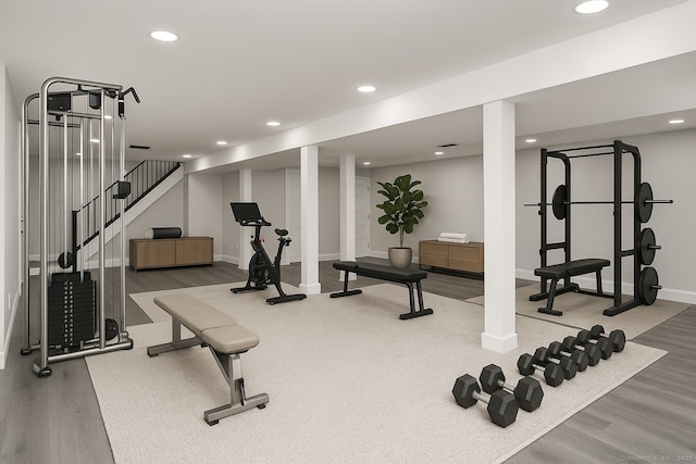32 Pine Hill Ave, Norwalk, CT 06855 - workout room featuring wood finished floors, baseboards, and recessed lighting