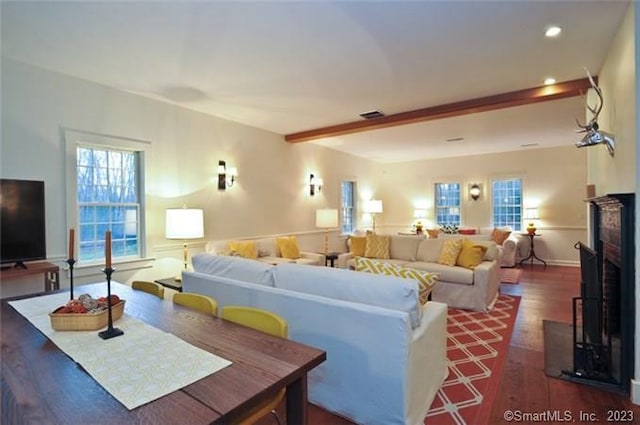 33 Sentry Hill Rd, Roxbury, CT 06783 - living area with dark wood-style floors, beam ceiling, a fireplace, and recessed lighting