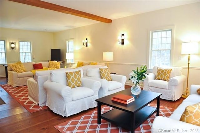 33 Sentry Hill Rd, Roxbury, CT 06783 - living room with wood finished floors and beam ceiling