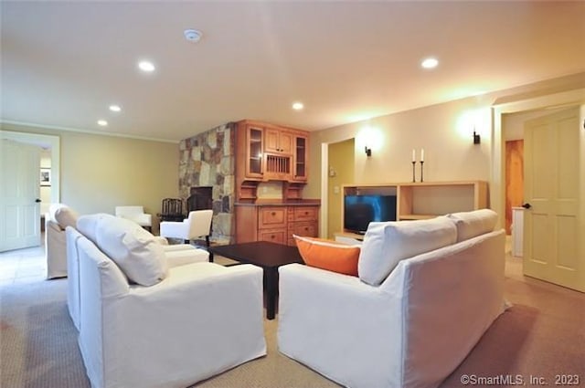 33 Sentry Hill Rd, Roxbury, CT 06783 - living area with light colored carpet, a fireplace, and recessed lighting