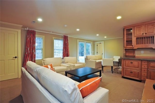 33 Sentry Hill Rd, Roxbury, CT 06783 - living area featuring ornamental molding, recessed lighting, and light colored carpet