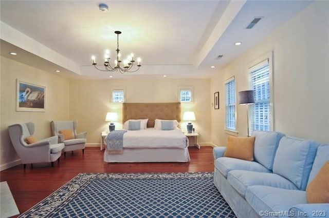 33 Sentry Hill Rd, Roxbury, CT 06783 - bedroom with a chandelier, wood finished floors, a tray ceiling, and recessed lighting