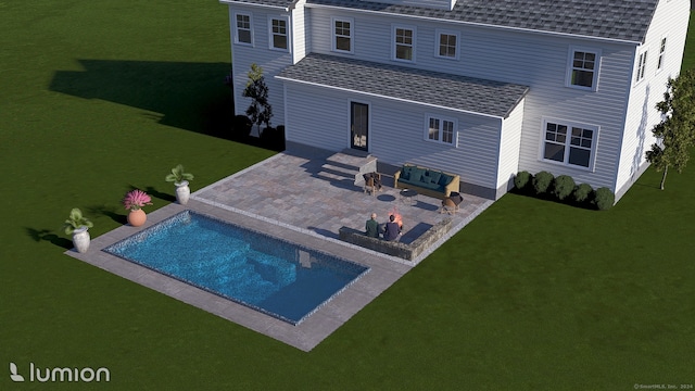 71 Reid St, Fairfield, CT 06824 - back of house featuring a shingled roof, a patio, and a lawn