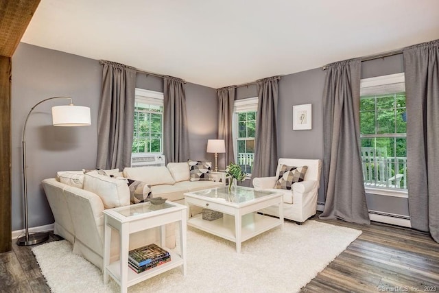 18 Tunnel Rd, Roxbury, CT 06783 - living room featuring a baseboard radiator, wood finished floors, a baseboard heating unit, and cooling unit