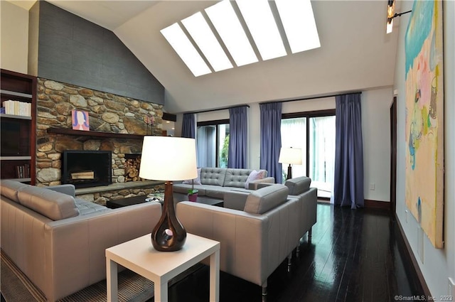 247 Painter Hill Rd, Roxbury, CT 06783 - living area featuring dark wood-style floors, high vaulted ceiling, a fireplace, and a skylight