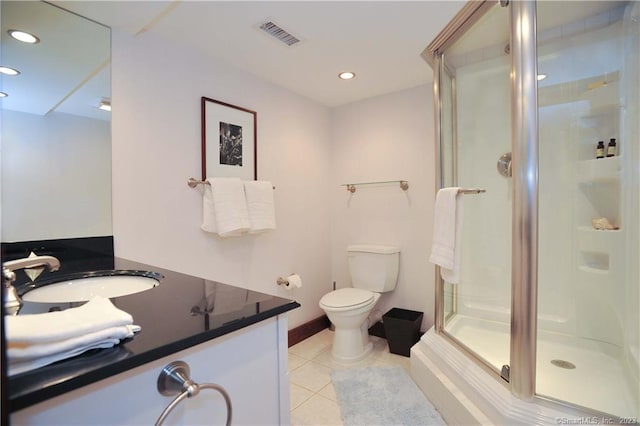 247 Painter Hill Rd, Roxbury, CT 06783 - bathroom featuring visible vents, toilet, tile patterned floors, vanity, and a stall shower