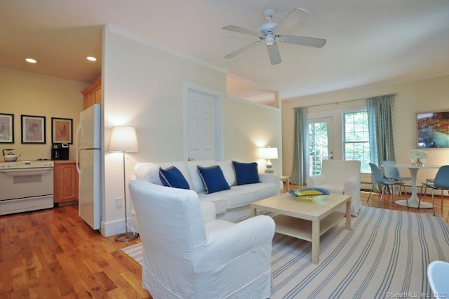 45 Moosehorn Rd, Roxbury, CT 06783 - living area featuring crown molding, light wood-style floors, ceiling fan, and recessed lighting