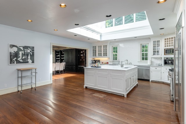 10 Sunny Ridge Rd, Washington, CT 06793 - kitchen featuring stainless steel appliances, a skylight, white cabinets, dark wood-type flooring, and glass insert cabinets