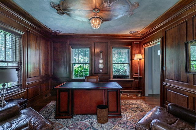 10 Sunny Ridge Rd, Washington, CT 06793 - office featuring ornamental molding, plenty of natural light, wood walls, and dark wood-style flooring