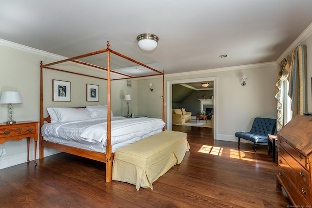 10 Sunny Ridge Rd, Washington, CT 06793 - bedroom featuring wood finished floors, crown molding, and a fireplace