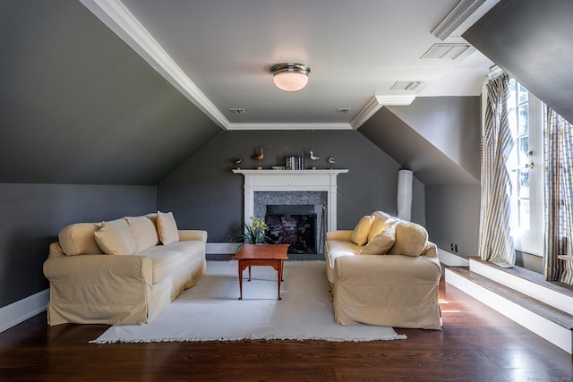 10 Sunny Ridge Rd, Washington, CT 06793 - living room featuring crown molding, wood finished floors, lofted ceiling, and a fireplace