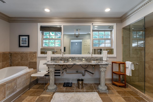 10 Sunny Ridge Rd, Washington, CT 06793 - full bath featuring ornamental molding, healthy amount of natural light, a bath, a tile shower, and vanity