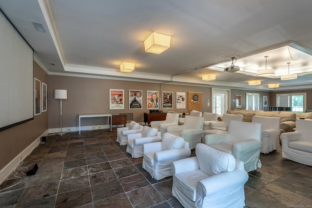 10 Sunny Ridge Rd, Washington, CT 06793 - cinema room featuring a raised ceiling, ornamental molding, stone tile flooring, and plenty of natural light