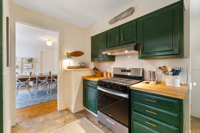 4 Lime Rock Holw, Salisbury, CT 06039 - kitchen featuring stainless steel gas range oven, under cabinet range hood, butcher block counters, green cabinets, and open shelves