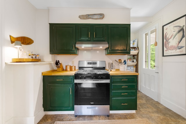 4 Lime Rock Holw, Salisbury, CT 06039 - kitchen with stainless steel range with gas stovetop, under cabinet range hood, green cabinetry, butcher block countertops, and crown molding