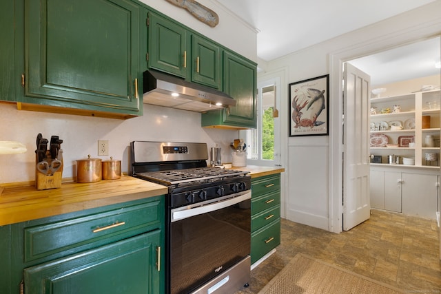 4 Lime Rock Holw, Salisbury, CT 06039 - kitchen with stainless steel range with gas cooktop, under cabinet range hood, stone finish floors, green cabinets, and wooden counters