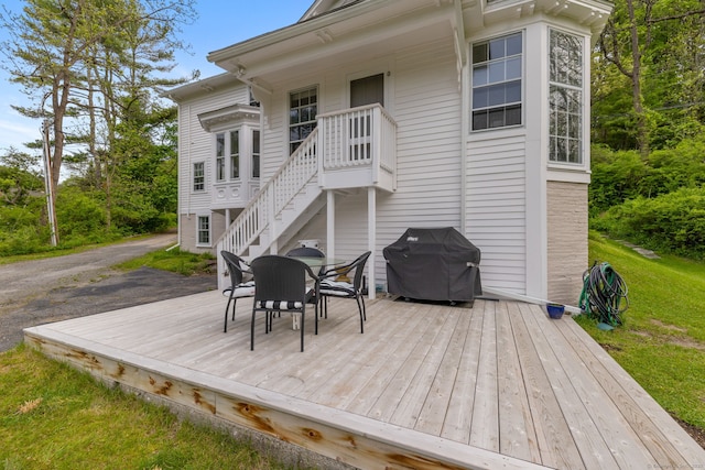 4 Lime Rock Holw, Salisbury, CT 06039 - wooden terrace featuring grilling area, outdoor dining space, and stairs