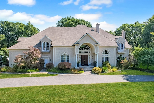 176 Hidden Pond Dr, Watertown, CT 06795 - french country home with a chimney, a front yard, and french doors