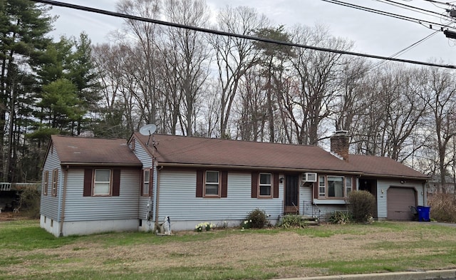 179 Spring St, Windsor Locks, CT 06096 - ranch-style home with a chimney, a garage, and a front yard