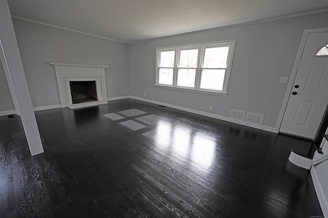 136 Cooper Dr, Waterbury, CT 06704 - unfurnished living room featuring baseboards, visible vents, crown molding, and dark wood-type flooring