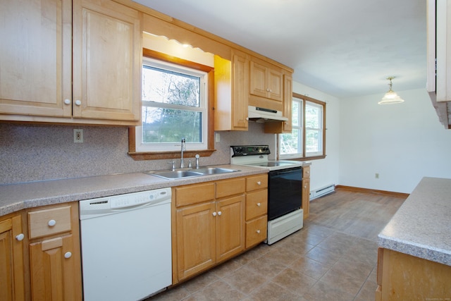 kitchen featuring a baseboard heating unit, white appliances, under cabinet range hood, a sink, and light brown cabinets