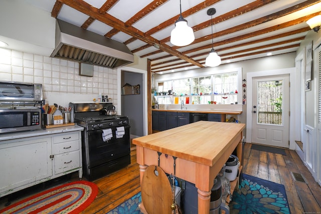 270 Berkshire Rd, Newtown, CT 06482 - kitchen with custom exhaust hood, dark wood-style floors, wooden counters, black appliances, and a sink