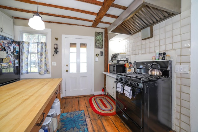 270 Berkshire Rd, Newtown, CT 06482 - kitchen with custom exhaust hood, wooden counters, black appliances, wood-type flooring, and pendant lighting