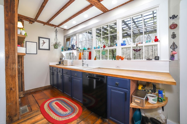 270 Berkshire Rd, Newtown, CT 06482 - bar with baseboards, dark wood-type flooring, beamed ceiling, dishwasher, and a sink